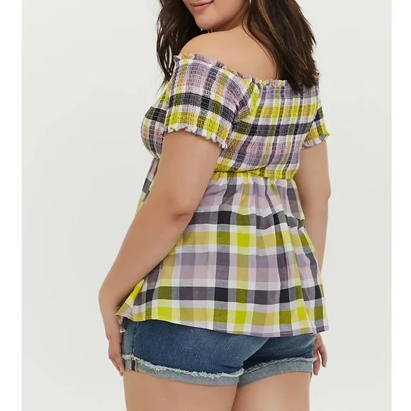 TORRID Plaid Peplum Babydoll Gauze Smocked Off-Shoulder Top NWT Size 1 - Picture 3 of 5